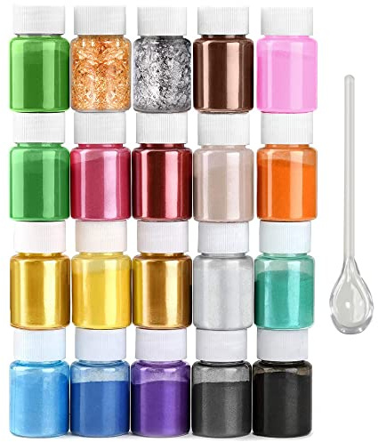 HEMOER Pigment pour résine époxy, 20 Couleurs Poudre de Mica et feuille d'or et d'argent pour faire de la résine, du savon, des bombes de bain, de l'époxy, des bougies, du maquillage, de l'artisanat