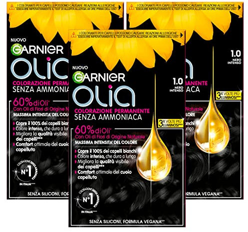 Garnier Olia Permanent Hair Dye Without Ammonia Colouring with Flower Oils of Natural Origin with Brightening and Nourishing Action, Colour 1.0 Intense Black – 3 Packs