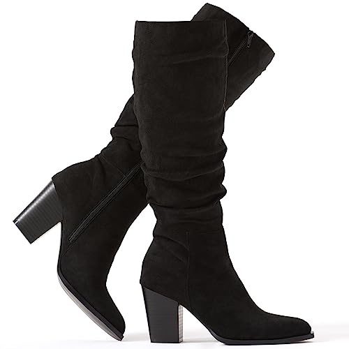 Putu Women's Pointed Toe Knee High Boots Faux Suede Slouch Boots with Chunky Heel Black Size 8