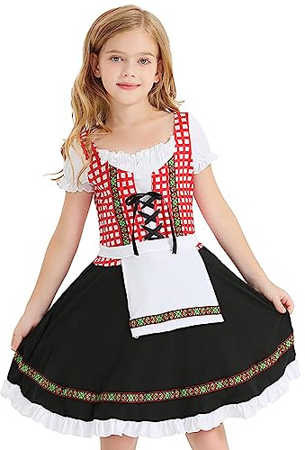 Women's Dirndl Dresses Women Traditional German Oktoberfest Costumes Bavarian Beer Carnival (Black, 12-16 Years)