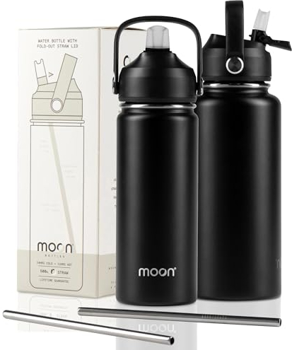 Moon Bottles - Insulated Water Bottle with Straw - Stainless Steel Sports Drink Bottle, Thermal Flask, 24hr Cold, 12hr Hot, Double Walled, Metal Straw, Silicon Spout, UK Company (500ml, Black)