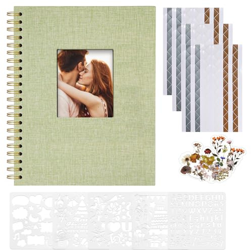 Vienrose Album Scrapbook 20,5x28 cm Copertina in lino Album Fotografico con 40 Pagine Carta Kraft Bianca Bianca, Kit di Forniture Scrapbooking fai da te per Matrimonio Famiglia Viaggio, Verde erba
