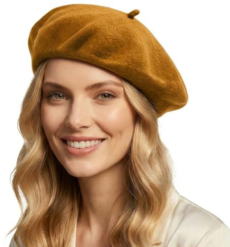 Lafefe Wool Beret hat Women, Female Autumn and Winter England Retro Hundred with Autumn Candy Colour Painter Octagonal Beret - Ginger