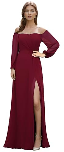 Ever-Pretty Vestido de Dama Honor Manga Larga con Hombros Descubiertos para Mujer Vestido de Noche con Abertura Burdeos 34