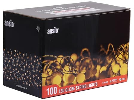 ANSIO® Fairy Lights Plug in 100 LED 10m Christmas Tree Lights for Indoor & Outdoor 8 Modes Warm White Globe String Lights Fairy Lights for Christmas Decorations Garden Bedroom & Party - Mains Powered