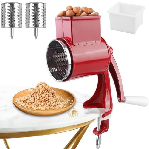 Molino manual de nueces con 2 cuchillas de tambor extraíbles, cortadora de verduras de acero inoxidable de corte rápido, molino de maní manual con manivela, ideal como rallador de nueces, molino de