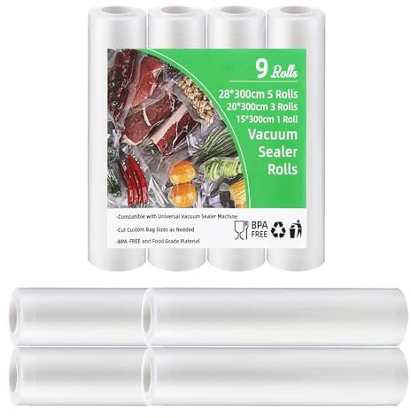 Bucomtu 9 volumes de Sac sous vide Alimentaire, 28/20/15 x 300cm,rouleau sous vide alimentaire, Sac Sous-Vide, à l'exclusion du bisphénol A, déchirure