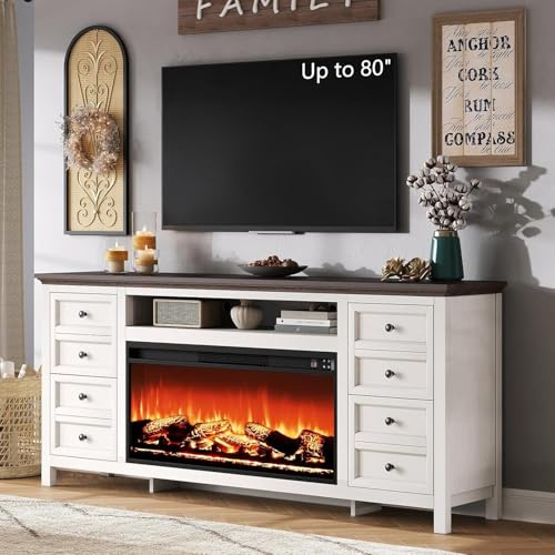 AMERLIFE 70 Farmhouse TV Stand with 37 Fireplace for 80 TVs - Dresser TV Stand w/Heater, 4 Storage Drawers, Rustic Media Entertainment Center for Living Room, Bedroom, White