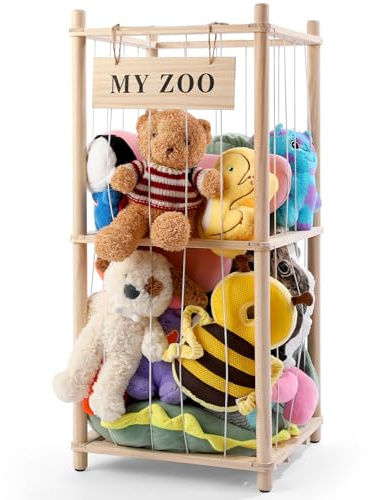GLDZI Stuffed Animal Storage Zoo, Wooden Stuffed Animal Organizer with Elastic Cords for Boys Girls, Space Saving Toy Plushies Storage Holder for Playroom, Bedroom, Living Room (Burlywood, Small)