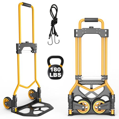 Folding Hand Truck Dolly Cart, 180LBS Portable Aluminum Hand Truck Foldable with Telescoping Handle and Elastic Cord for Luggage, Boxes, Functionality Foldable Dolly for Home, Moving, Black Yellow