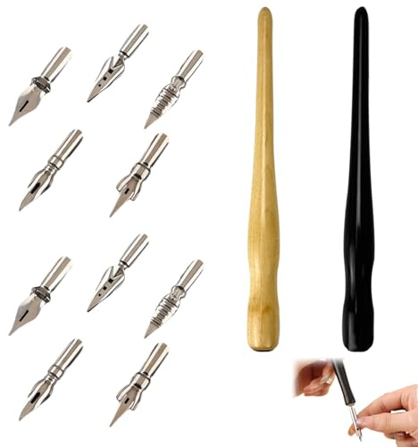 CLDURHGE kit Calligraphie Plume avec 2 Porte-stylos Dip et 10 Plumes en Acier Inoxydable, Set écriture Artistique pour Dessin Manga Calligraphie débutant et Artiste confirmé, poignée Bois Ergonomique
