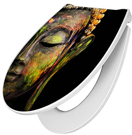 banjado Premium Toilettendeckel mit Absenkautomatik 45x38,4cm / WC Brille Soft Close/hygienischer Toilettendeckel/Klodeckel Duroplast mit Edelstahl Scharnier/Motiv Bunter Buddha