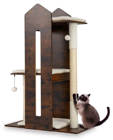 COSTWAY 120 cm Árbol Rascador para Gato de Madera, Torre Rascador para Gatos con Poste de Sisal, Pelotas Colgantes, Cojines de Peluche Lavables, Mueble Auxiliara Multinivel para Gato, Industrial