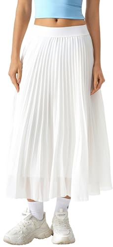 QINSEN Flowy Pleated Midi Skirts for Women A-Line Long Swing Chiffon Skirts Wide Elastic Waistband Lining Layer White M