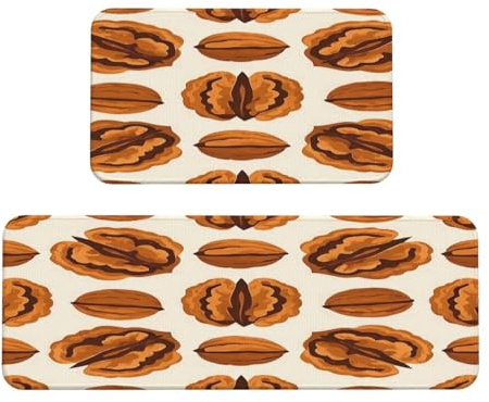 Walnut Nut Print Kitchen Rugs Set of 2, Cushioned Anti-Fatigue Kitchen Mats for Floor, Waterproof Comfort Standing Mat Absorbent Velvet Kitchen Runner Rugs 17x30+17x47