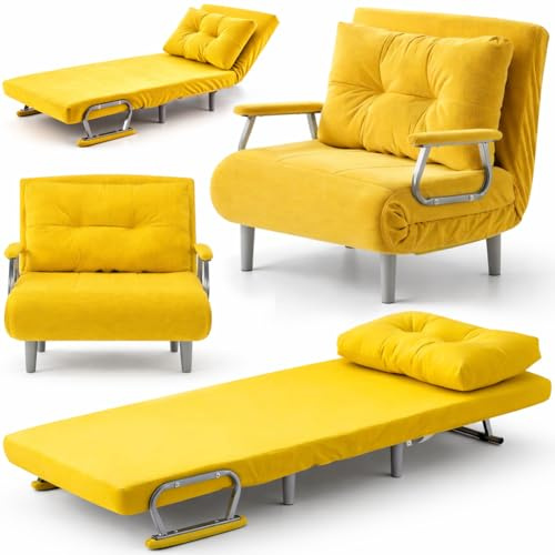 BAKAJI Poltrona Letto Singolo Reclinabile 3 in 1, Divano Convertibile Chaise Lounge con Seduta Imbottita e Rivestimento Velluto a Coste, Poltroncina Salvaspazio Relax 80 x 68 x 82 cm (Mostarda)