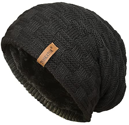 TOSKATOK® Mens Unisex Warm Winter Textured Knit Thermal Insulation Slouch Beanie hat with Cosy Faux Fur Teddy Fleece Liner Black