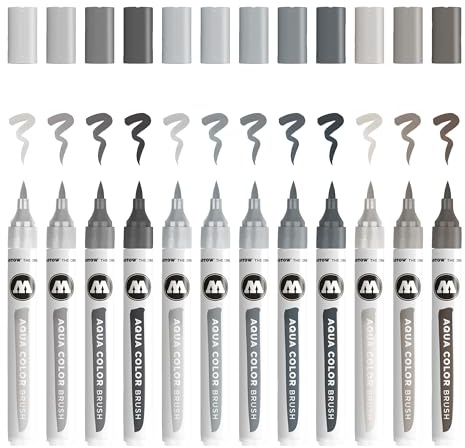 Molotow Aqua Color Brush (Brush Pen Marker Grey-Set, Pinsel Spitze für Aquarellieren und Handlettering) 12 Stück sortiert