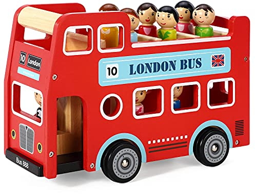 SOKA Wooden Original Double Decker Red Classic London Sightseeing Bus with Driver & Passenger Figurines Toy Playing Set Miniature Display Model Figures for Kids Children Girls Boys Ages 18 month +