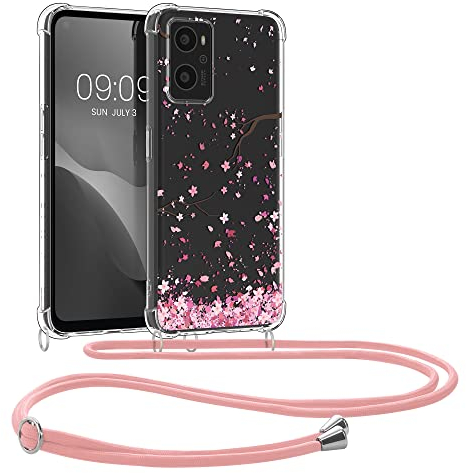 kwmobile Necklace Case kompatibel mit Oppo A76 / A96 Hülle - Silikon Cover mit Handykette - Rosa Dunkelbraun Transparent Kirschblütenblätter