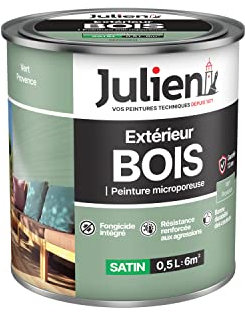 Julien Peinture Bois Microporeux Extérieur Satin - Portes, fenêtres, portails, mobilier de jardin - Vert Provence 0,5 L