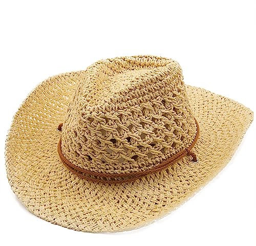 Unisex Strohhut, Sommer, verstellbar, Cowboyhut, durchbrochen, Panama, Western, faltbar, Sonnenhut für Strand, Reisen, Urlaub, Camping, Angeln, breite Krempe, UV-Schutz, für Herren und Damen,