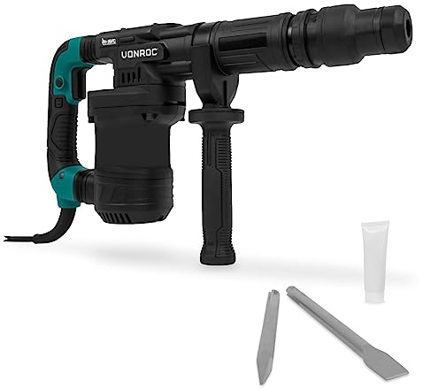 VONROC PRO Abbruchhammer 1200W – 6kg – Schlagkraft: 14 Joule – Schlaggeschwindigkeit: 3100 p/m – 5-Meter-Kabel - Inklusive Seitenhandgriff, Spitzmeißel, Flachmeißel und Schmiermittel