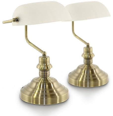 bmf-versand® Bankerlampe Weiß Messing Retro als 2er Set - Schreibtischlampe LED mit Weißem Glas Lampenschirm - Banker Tischlampe Büro - Schreibtischleuchte mit Leuchtmittel E27
