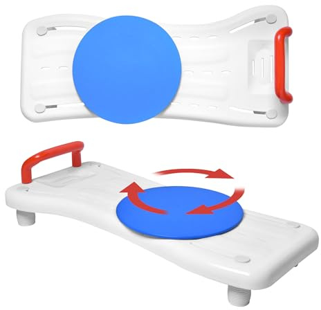 Froadp 75,5 x 34 x 10 cm, sedile per vasca da bagno con manico rosso e giradischi, in PP, per adulti, anziani, donne incinte, 41 – 63 cm, distanza regolabile