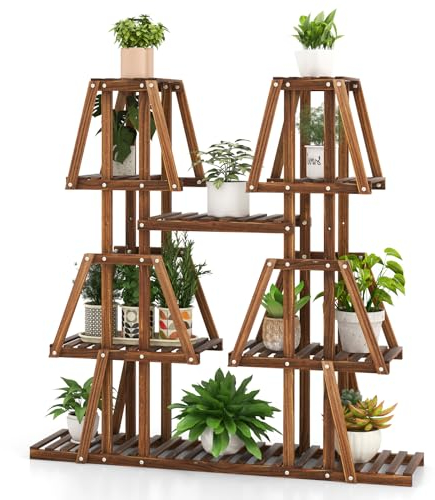 GOPLUS Soporte para Plantas con 5 Niveles de Madera de Pino, Estantería Trapezoidal para Macetas, Flores, Estante de Escalera para Jardín Exterior, 113 x 27 x 114 cm