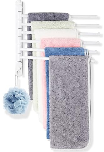 WJYMRO Swivel Towel Rack, 12.6 Inch Towel Bar with Wall Mounted 180° Rotation, 6 Arms Towel Hanger SUS 304 Stainless Steel, Space Saving for Kitchen, Bathroom, Outdoor, White