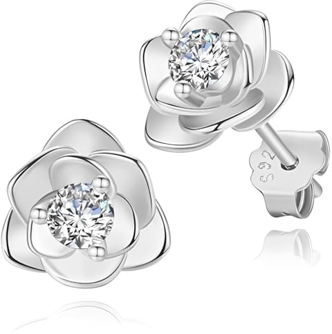 FENQURO boucles d'oreilles femme, Petites Boucles d'Oreilles Fleurs en Argent Sterling 925 pour Femme Fille Hypoallergéniques Boucles d'Oreilles Roses avec 5A+Zircone Cubique Clous d'Oreilles Argent