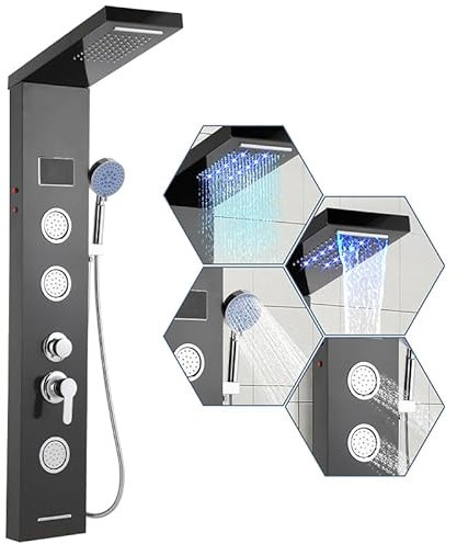 Fiqops Pannello doccia in acciaio inox con rubinetto, 5 funzioni con indicatore di temperatura a LED, pioggia e cascata, ugelli massaggianti, doccetta e beccuccio per vasca da bagno, pannello doccia