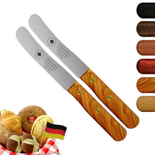 Solingen Messer, 2er Set Olive Holzgriff, Premium Buckelmesser, Klinge rostfrei 11cm - Küchenmesser, Brotmesser, Frühstücksmesser, Dünnschliff & Handabzug, Made in Germany
