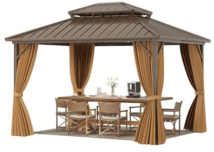 COSTWAY Paviljong 3,5 x 3 m, trädgårdspaviljong med myggnät och gardin och robust dubbeltak av galvaniserad metall, fast terrasspaviljong, festtält för terrass, trädgård, däck, gräsmatta, bakgård