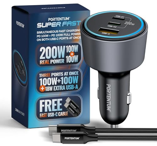 PORTENTUM Caricatore Auto Triplo e Simultaneo 200W – Regalo Cavo USB Type-C Ricarica Rapida – Carica Batteria per Auto Cellulare – 2x USBC PD 100W + USBA QC 18W – Per iPhone MacBook