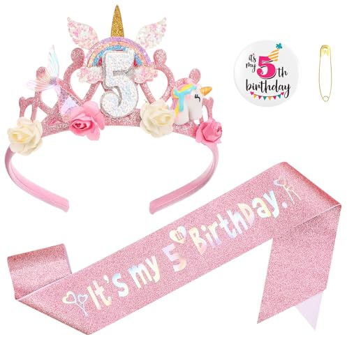 GSrenyu Birthday Decorations for Girls Flower Princess Crown Headband | Headband Glitter Sash and Badge Set for Girls Birthday Decorations
