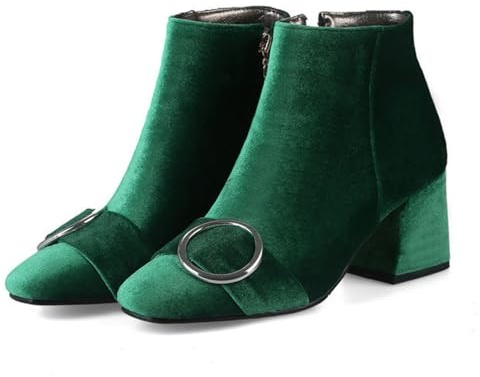 Stivaletti da donna in velluto con punta quadrata e tacco a blocco, con chiusura a fibbia e cerniera laterale, scarpe invernali per incontri nuziali, Verde, 39 EU