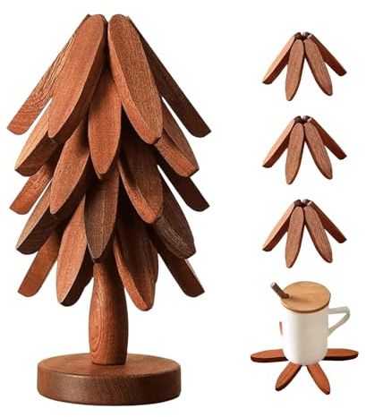 Dessous de plat pour poêles chaudes – Lot de 5 dessous de plat en bois en forme de sapin de Noël pour plats chauds, cuisine, table à manger, casseroles, bols, théières | Coussinets résistants à la