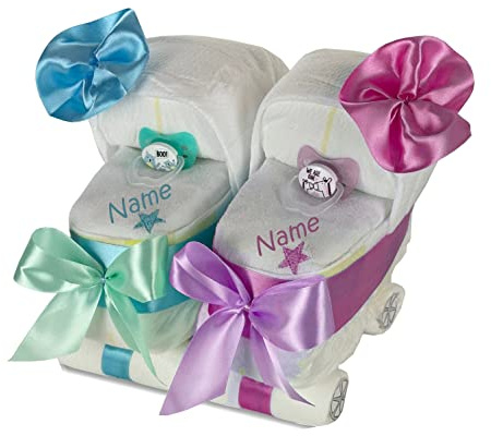 Gâteau de couches poussette jumeaux bleu/rose – Cadeau pour jumeaux ou frères et sœurs – Poussette à couches + 2 bavoirs bébé avec prénom