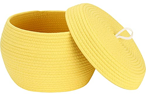 Sea Team Round Cotton Rope Storage Basket with Lid, Decorative Woven Storage Bin, Pot, Caddy, Organizer, Container for Snacks, Towels, Plants, 13 x 9 Inches (Large, Yellow)