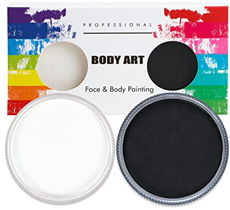 Profi-Schminke Fasching Set, Wasservermalbar 30g x 2 Colors Größere Schminkfarben, Faschingsschminke für Halloween, Fasching oder Verkleidungsparty, Weiß + Schwarz