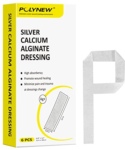POLYNEW Silver Calcium Alginate Dressing, 0.8x12-6 Individual Package Highly Absorbent Strip Wound Dressing for Burns, Ulcers, abrasions, Surgical Wounds, Pressure Sore