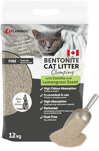 Flamingo Litière pour Chats - avec zeolithe Verte - 12KG pour 10 semaines - Origine Canada - neutralisent les odeurs désagréables - douce pour les pattes -aussi pour chatons