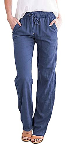 CheChury Mujer Pantalones Casuales de Lino y Algodón con Cintura Alta Elástica, Bolsillos Cómodos, Largas para Deporte