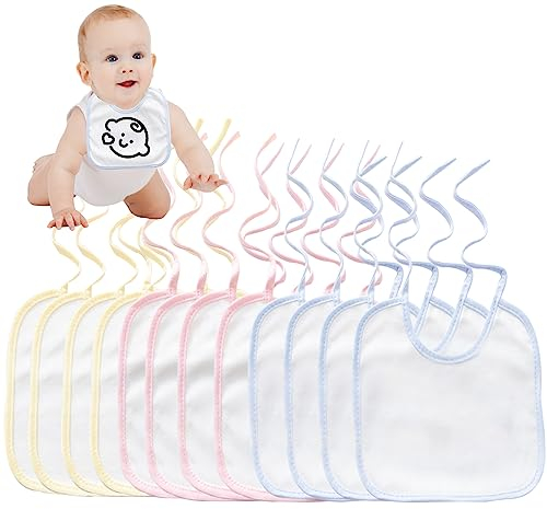 VIKY® Lot de 12 bavoirs à peindre, blancs, avec bordure colorée, imperméables, pour bébé, cadeau pour fête prénatale, cadeau pour fête prénatale, décoration de fête prénatale pour garçon et fille