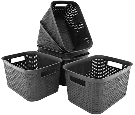 ABBAware 5er Set 9 Liter Aufbewahrungskorb mit Griffen im Rattan-Design, Anthrazit, der Umwelt zuliebe aus recyclebarem PP