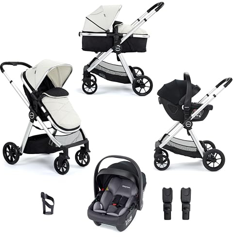 Babymore Mimi Travel System Coco i-Size Car Seat Silver - 3 in 1 Pram Pushchair, Easy Folding & Convertible Carrycot to Pushchair Seat, Universal Car Seat Adaptors, Foot Muff, Rain Cover & Cup Holder