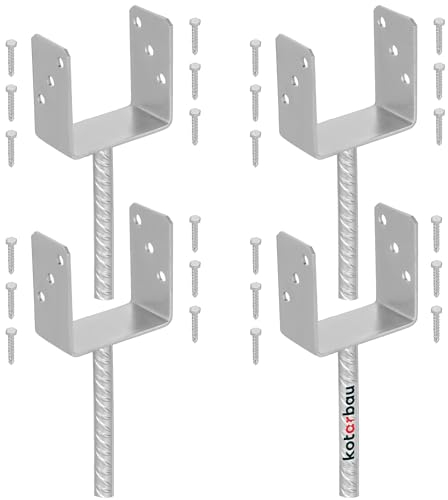 KOTARBAU® Juego de 4 soportes para postes de hormigón, U 121 mm, acero galvanizado en caliente, anclajes de hormigón para postes de madera, acero estriado, anclaje para postes, manguito de suelo,