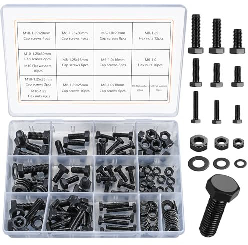 128 Piezas Tornillos con Tuerca Hexagonales Planos y Arandelas, Juego de Tuercas Pernos y Tornillos con Arandelas de Cabeza Hexagonal Plana de Acero Inoxidable, M6 M8 M10(128 negro)